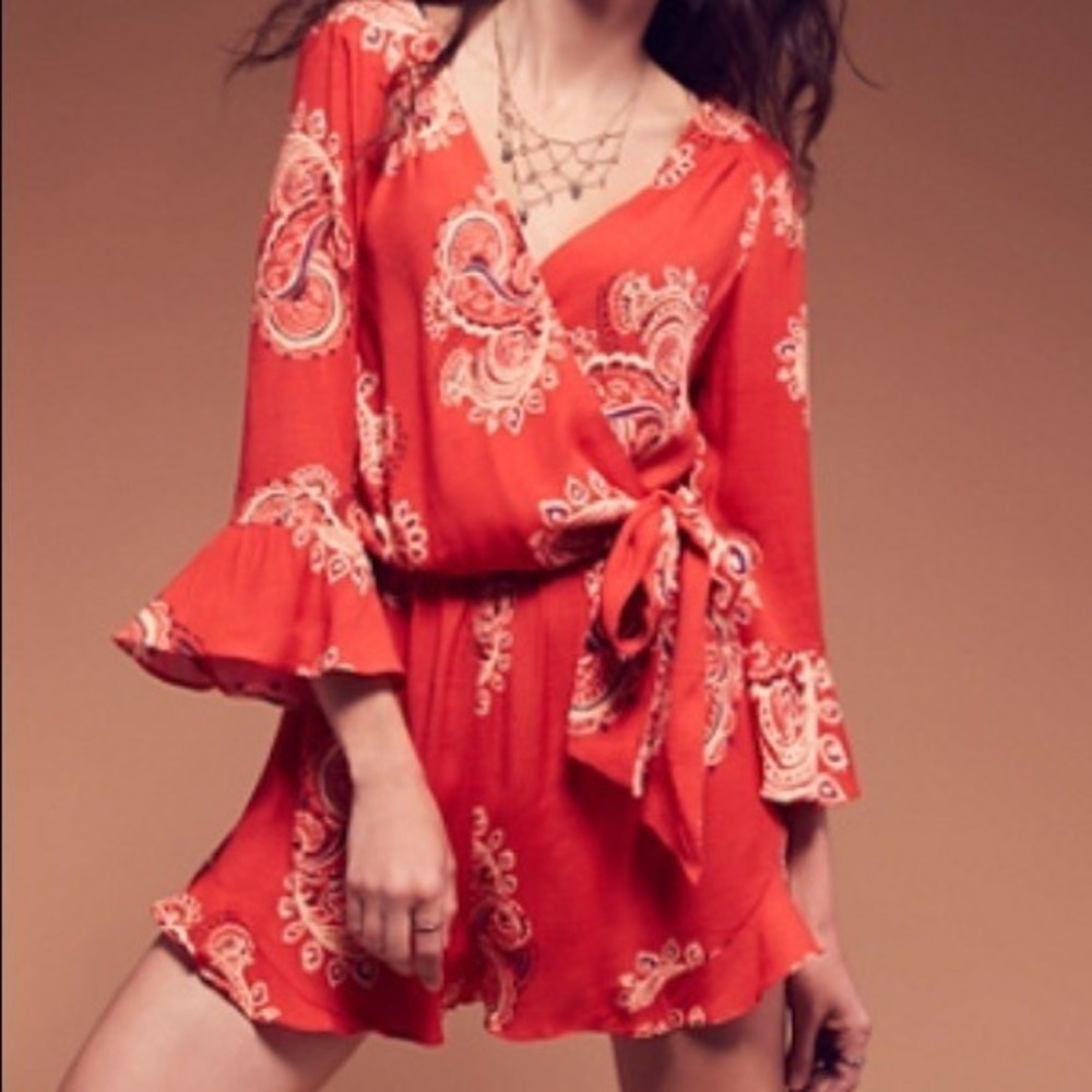 Free People NWT Red Paisley Print Boho Wrap Romper Bell Sleeve Festival XS